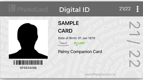 Digital ID card with a head and shoulders photo, date of birth and the year the card is valid.