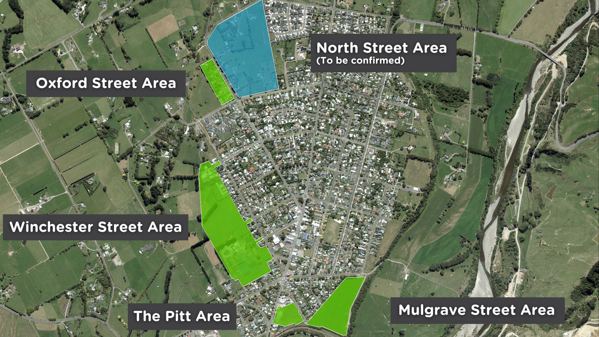 Map of the proposed sites in Ashhurst that we're proposing to rezone for housing - 'North Street' area, 'Winchester Street' area, 'The Pit' area, 'Mulgrave Street' area and the to-be-confirmed 'North street area'.