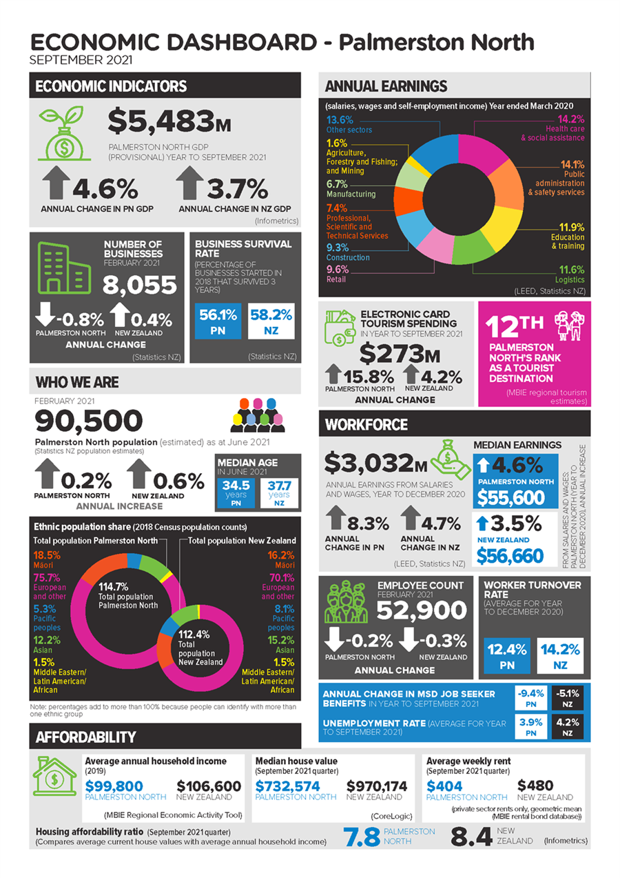 Statistical information about economic activity in Palmerston North presented as an infographic.