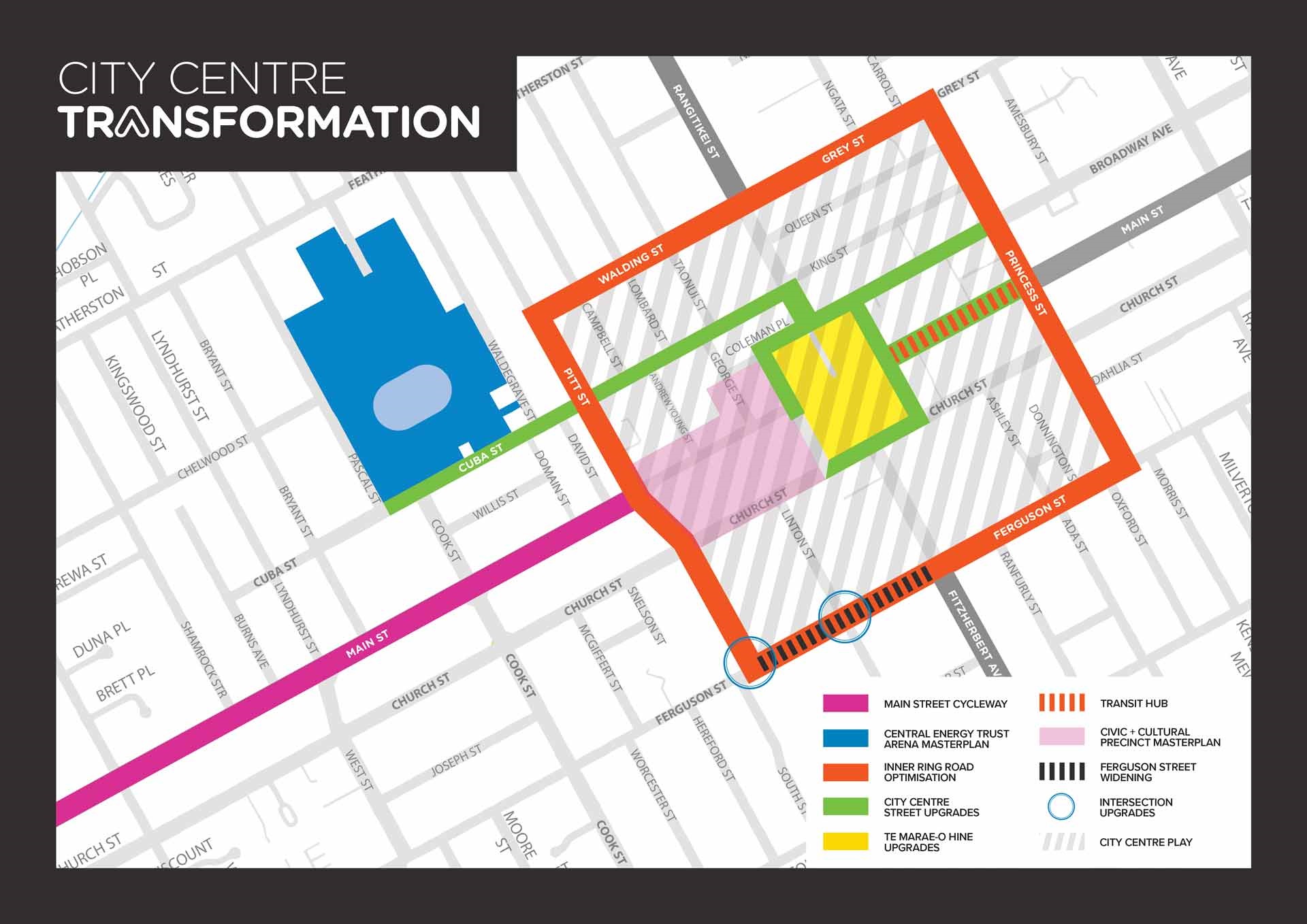 Map shows the plan for City Centre Transformation in Palmerston North.