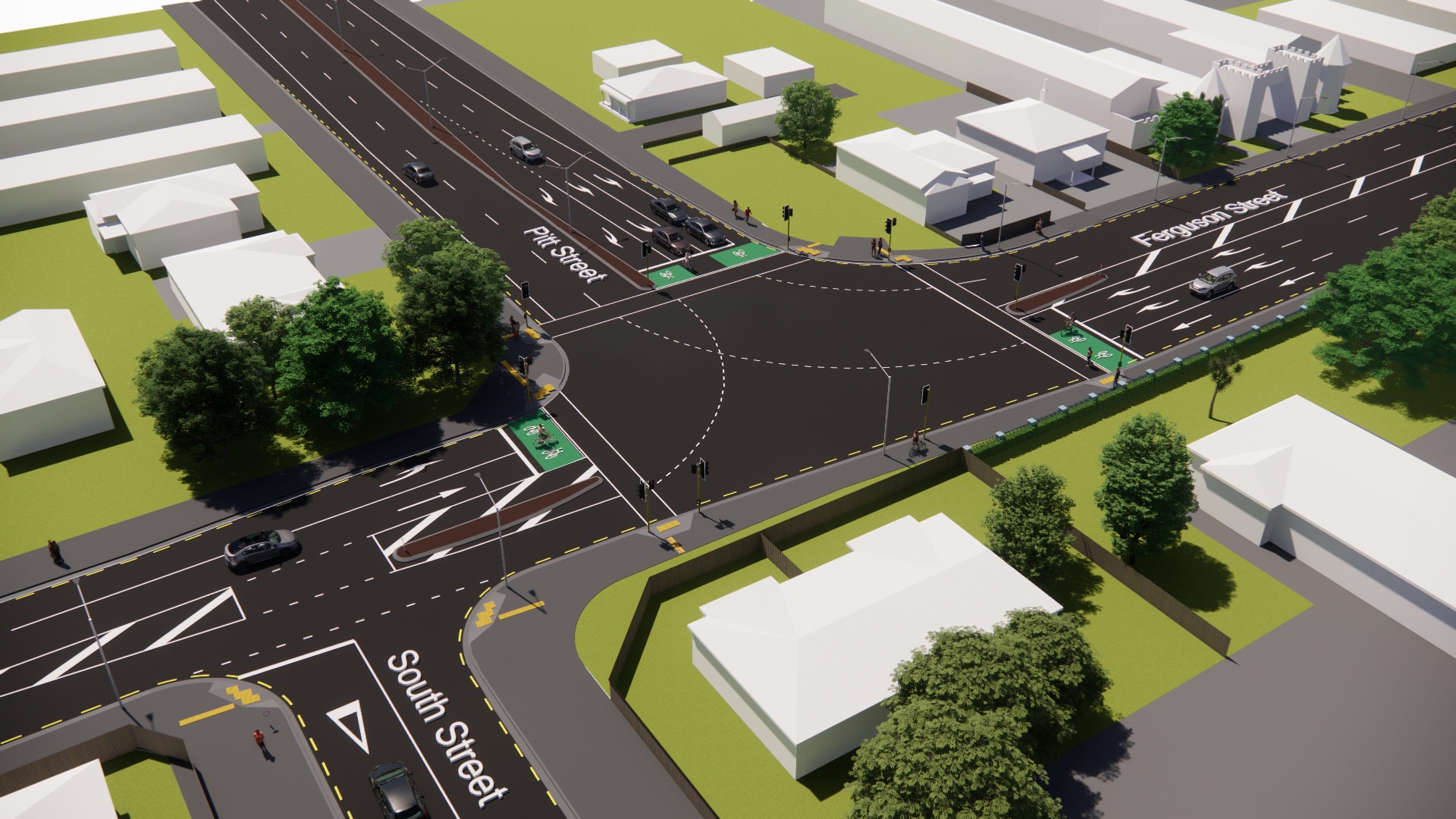 Artist impression of the crossing of Pitt and Ferguson Streets