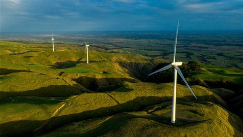 Green energy-generating windmills on the hills above Palmy.