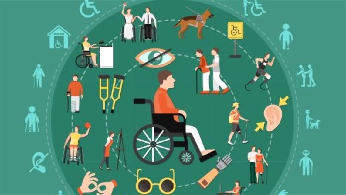 Illustration of different ways people can be disabled: hearing, physical etc.