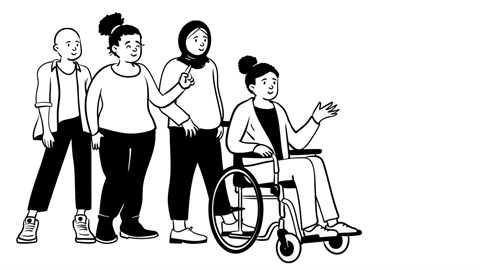 Illustration of a diverse group of people, including person in wheelchair and another wearing a headscarf,
