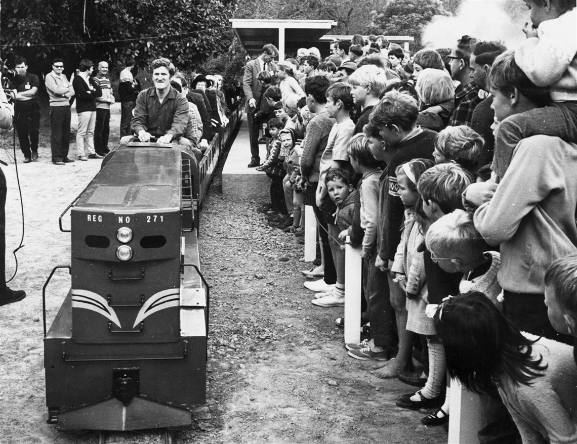 Heritage photo shows families queuing up to ride the miniature train in the Esplanade on its opening day.