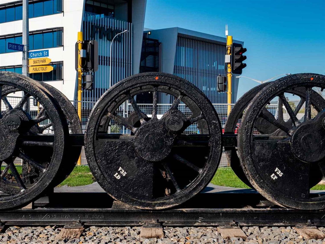 Historic train wheels installed at the Railway Land.
