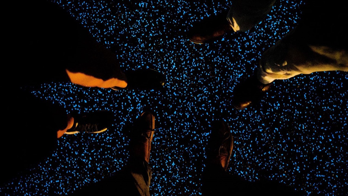 Closeup of people's feet on the path, lit up at night with twinkling blue spheres.