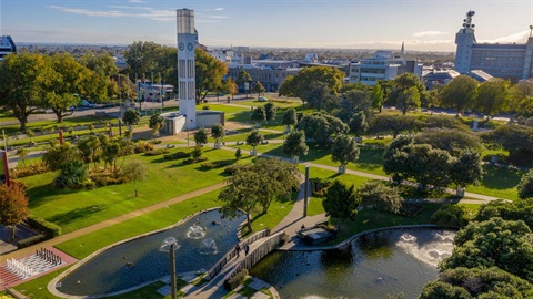 Image shows the clock tower and the square at Palmerston North city centre.