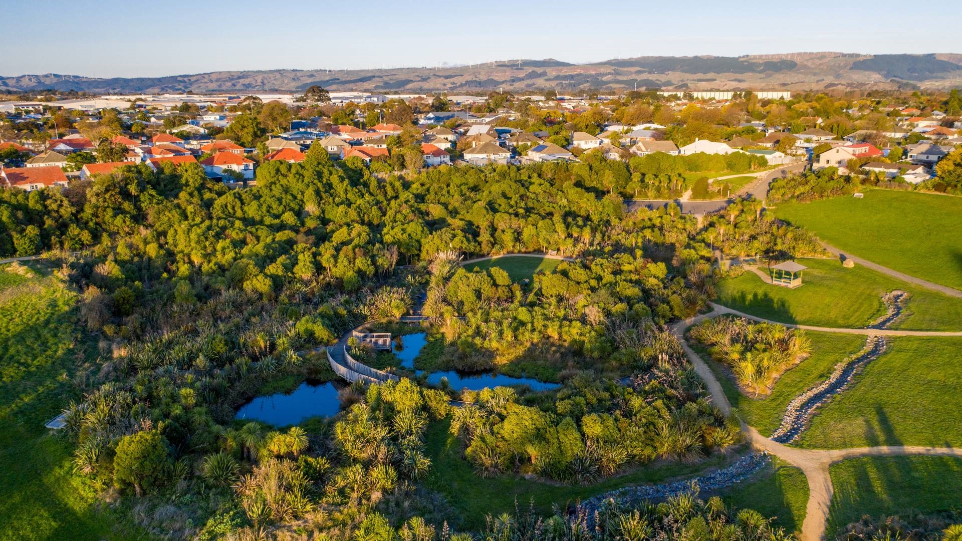 Photo shows aerial view of short walkways zigzagging through a richly planted wetland nestled in the bowl of an old quarry. 