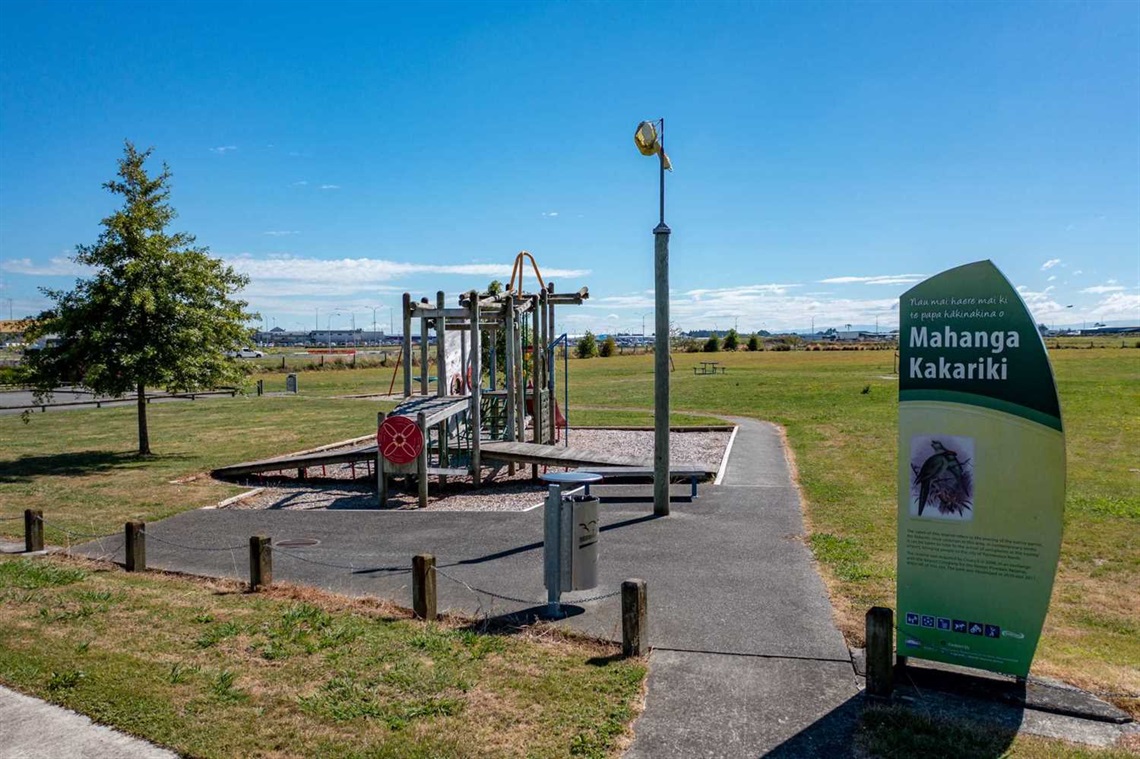 Image shows a playground at Mahanga Kakariki Reserve.