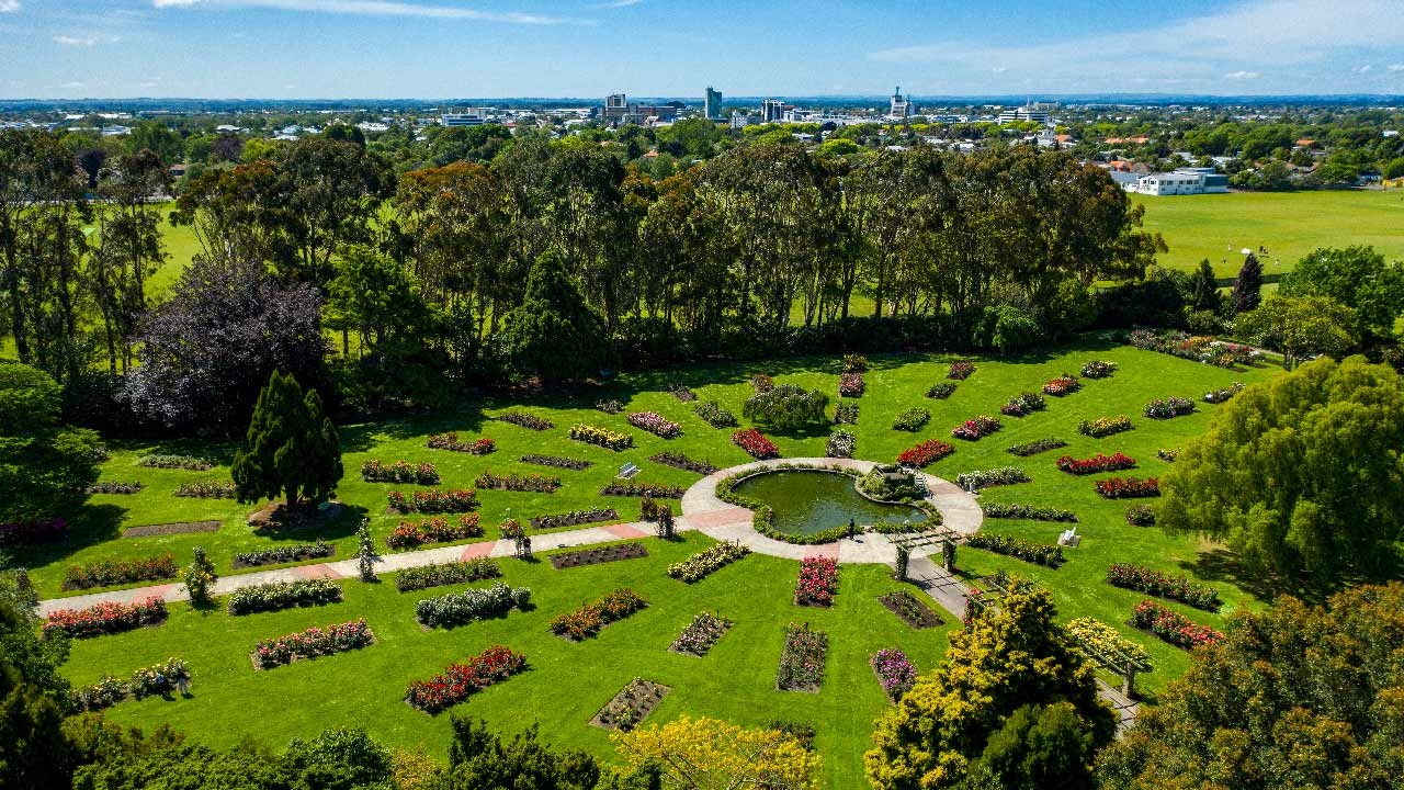Picture shows aerial view of a formal rose garden.