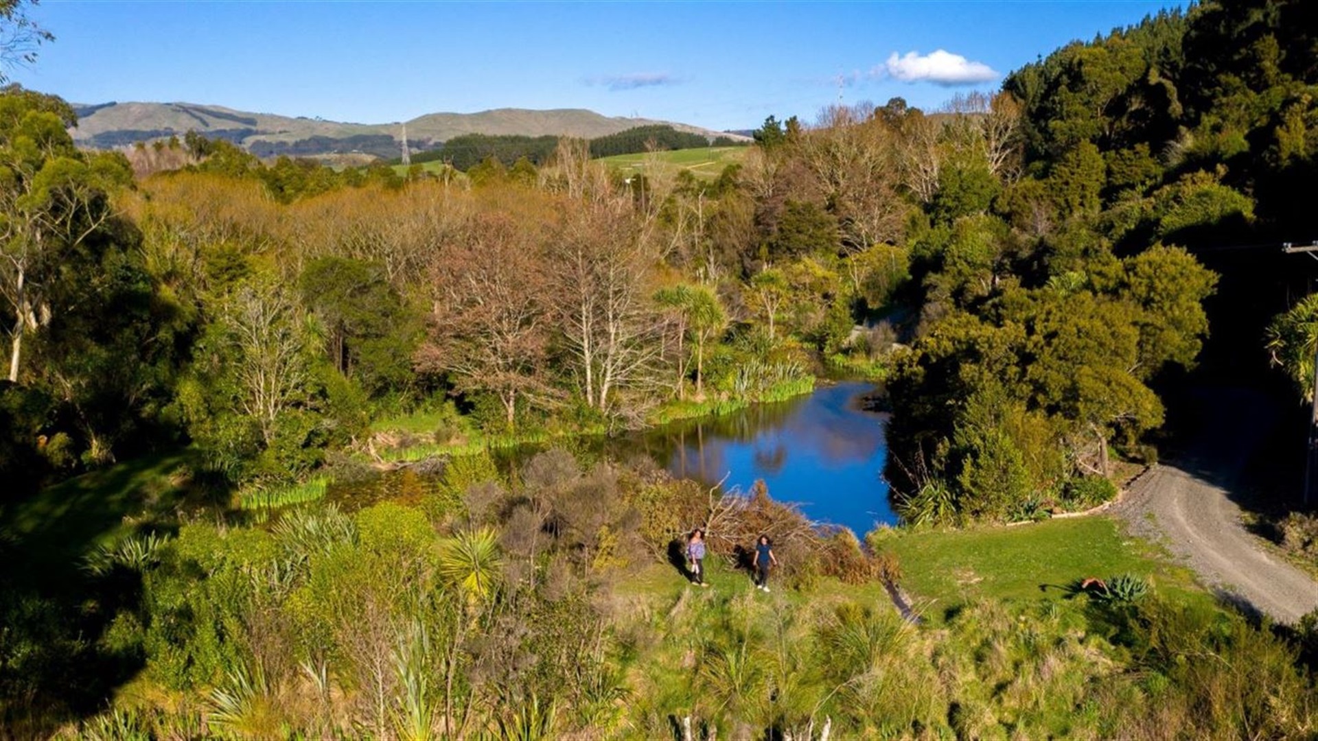 Photo shows a rural walkway winding along a shady tree-lined gully next to a waterway with the Tararua Ranges in the background.
