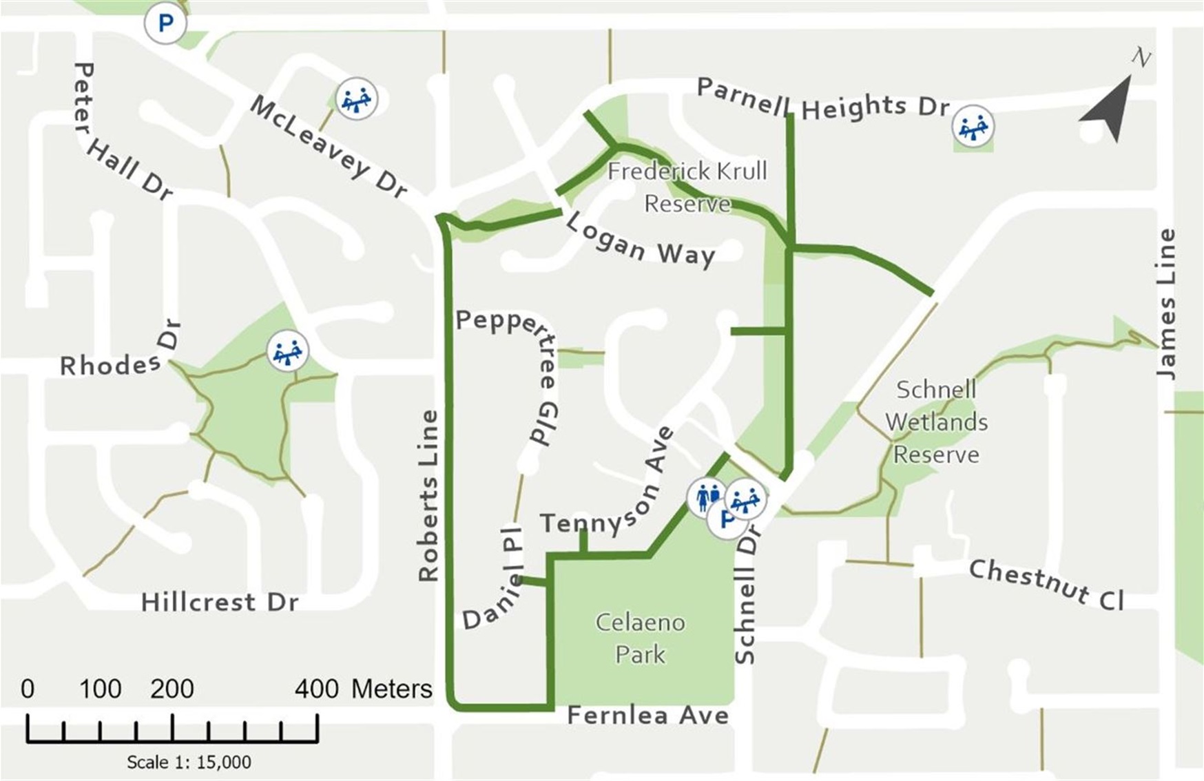 Map shows walkway linking some parks.