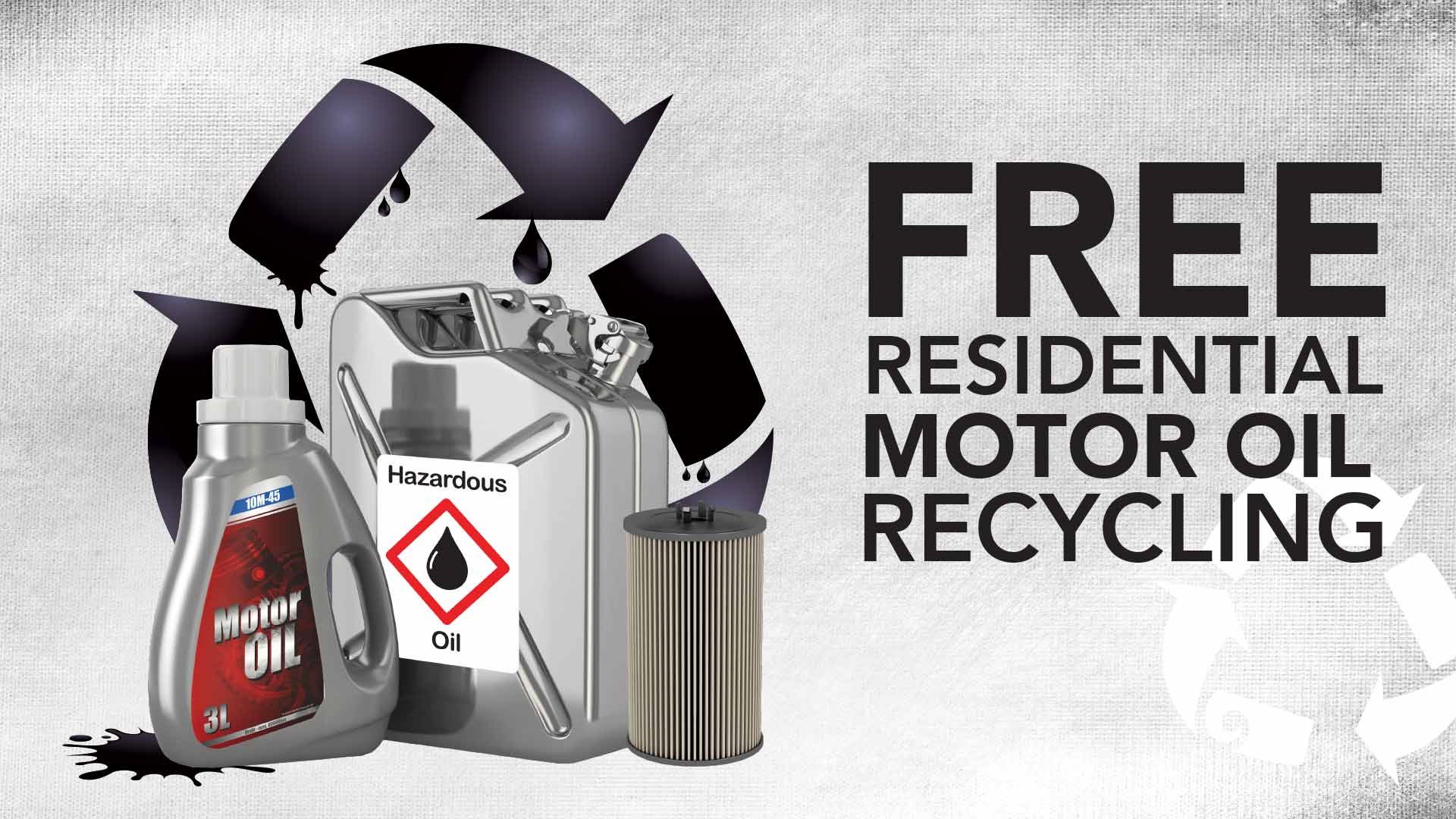 Photo shows cans of motor oil and a recycling logo. Embedded text says