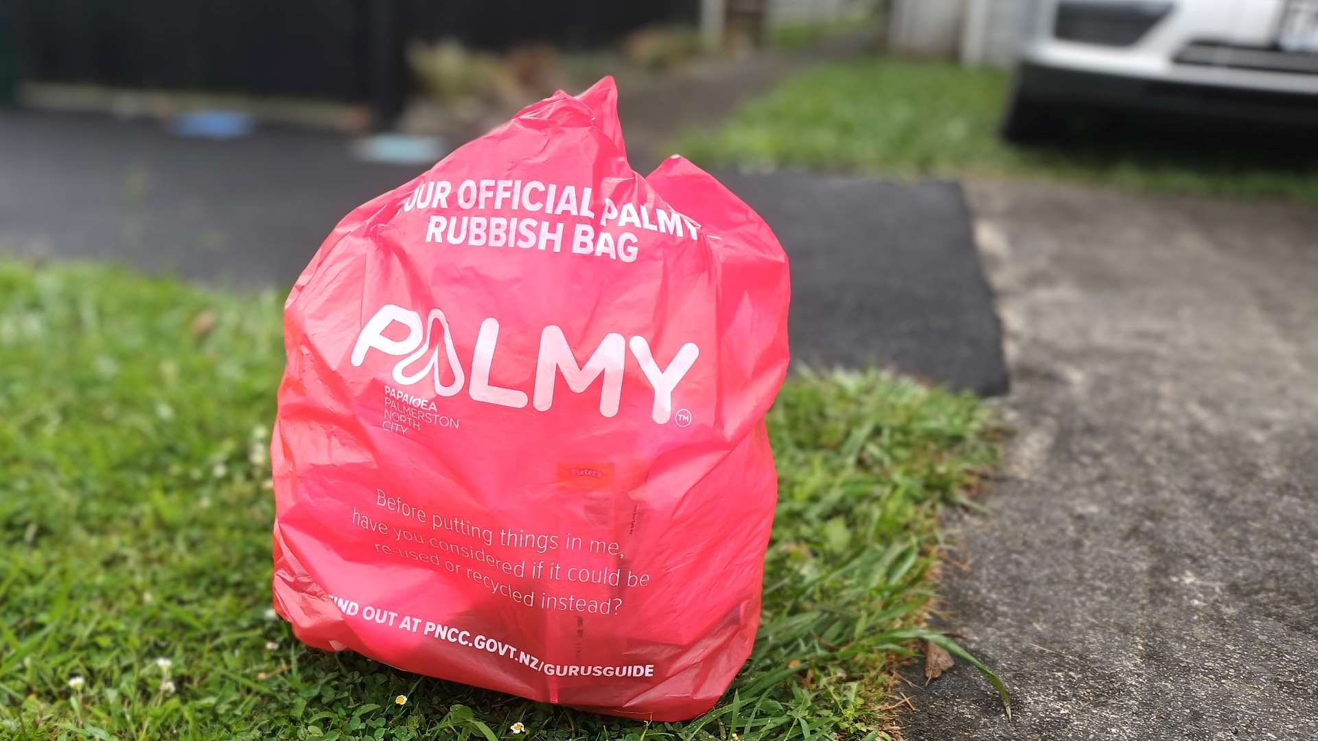 One of the new red rubbish bags out on the kerb for collection.