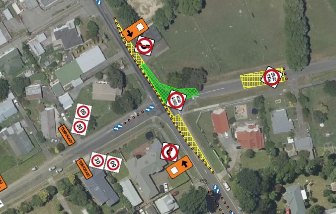 Map indicates the planned road closures at the intersection of Oxford and Wyndham Streets in Ashhurst.