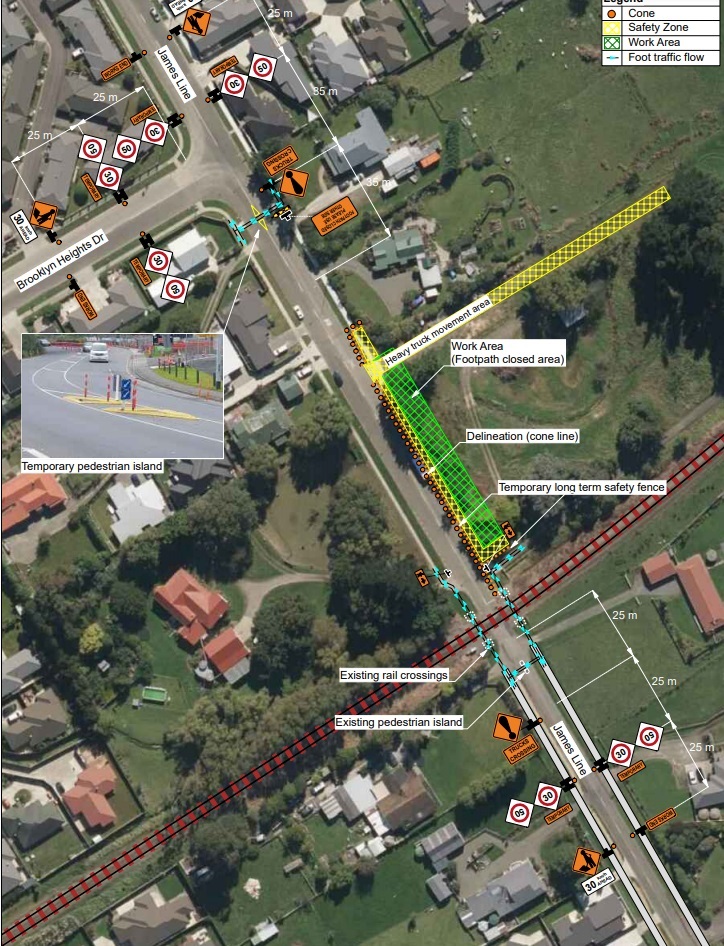 Satellite map of James Line, overlaid with coloured areas showing where the footpath will be closed during construction, and the location of a temporary pedestrian 