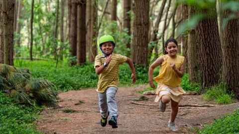 Two tamariki racing each other through the Albert Street forest.