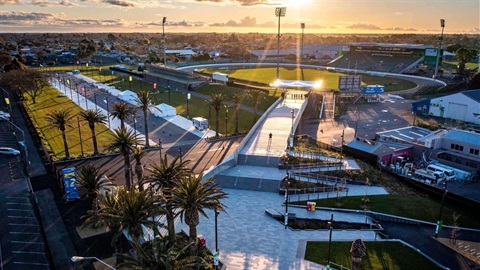 Aerial view of the Arena, with the new overbridge and stockcar pits, and the oval and grandstand in the background.