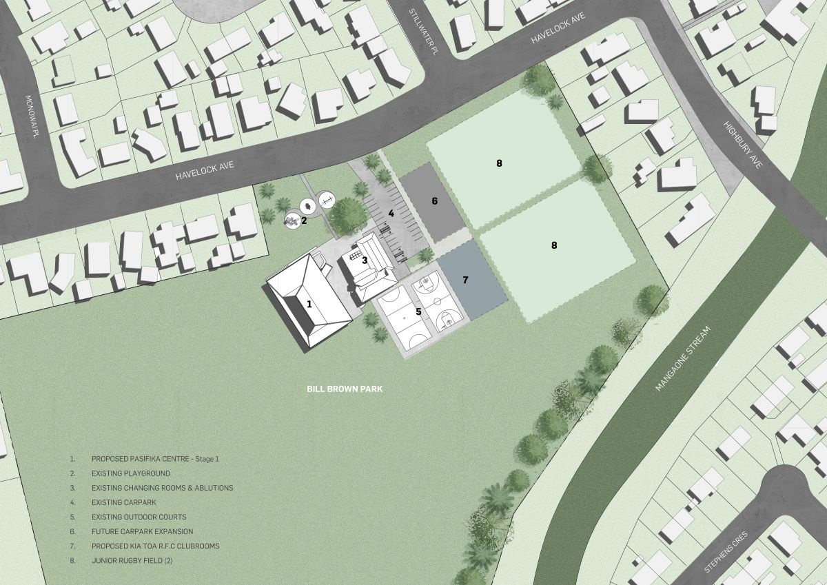 Map showing the location of the centre alongside other key elements of the park, including the proposed Kia Toa clubrooms, existing playground, changing rooms, carpark and rugby fields, and a proposed extension to the carpark in future.