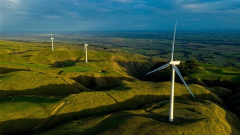 Green energy-generating windmills on the hills above Palmy.