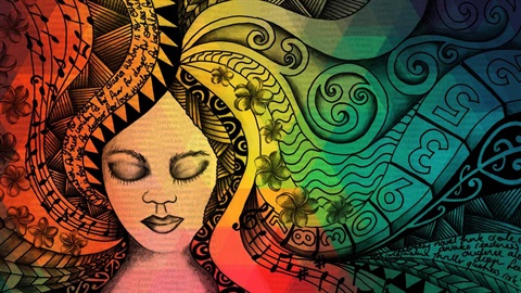 Pen and ink illustration washed with colour shows kowhaiwhai patterns and musical notes swirling around head of Pasifika woman.