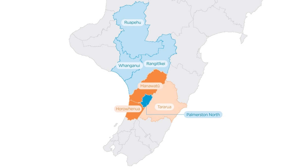 Map of the seven locations in the Horizons Region Council boundary: Palmerston North, Horowhenua, Manawatū, Whanganui, Ruapehu, Rangitīkei and Tararua.