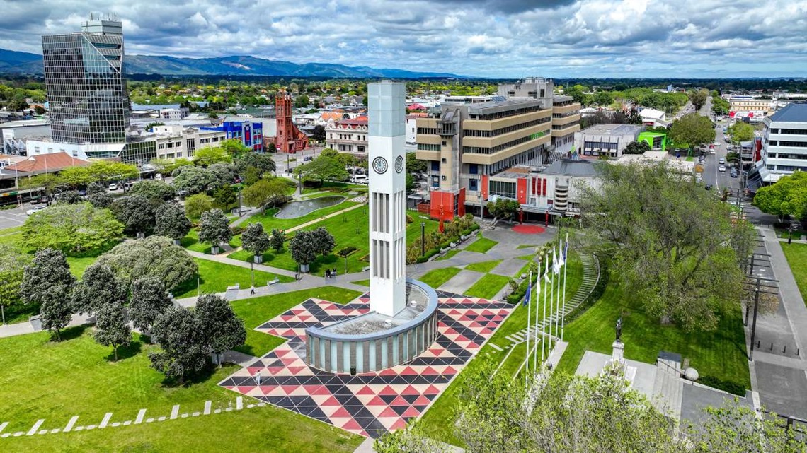 The new tāniko-inspired artwork at the base of the clocktower.