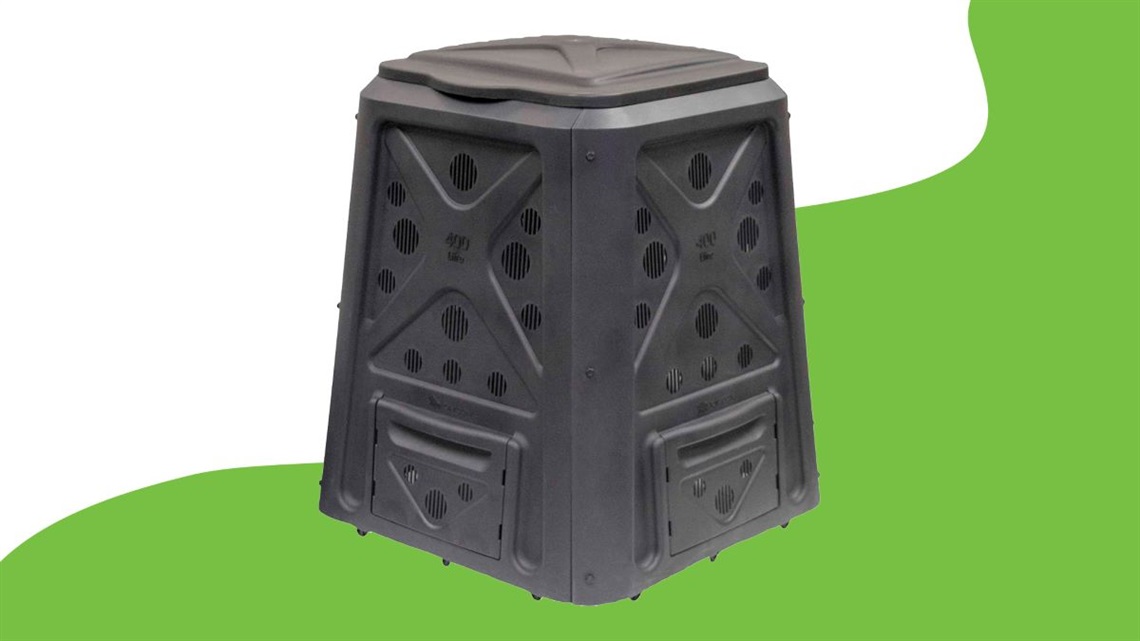 A 400L black plastic compost bin.