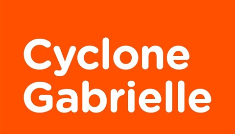 White text on orange background: Cyclone Gabrielle.