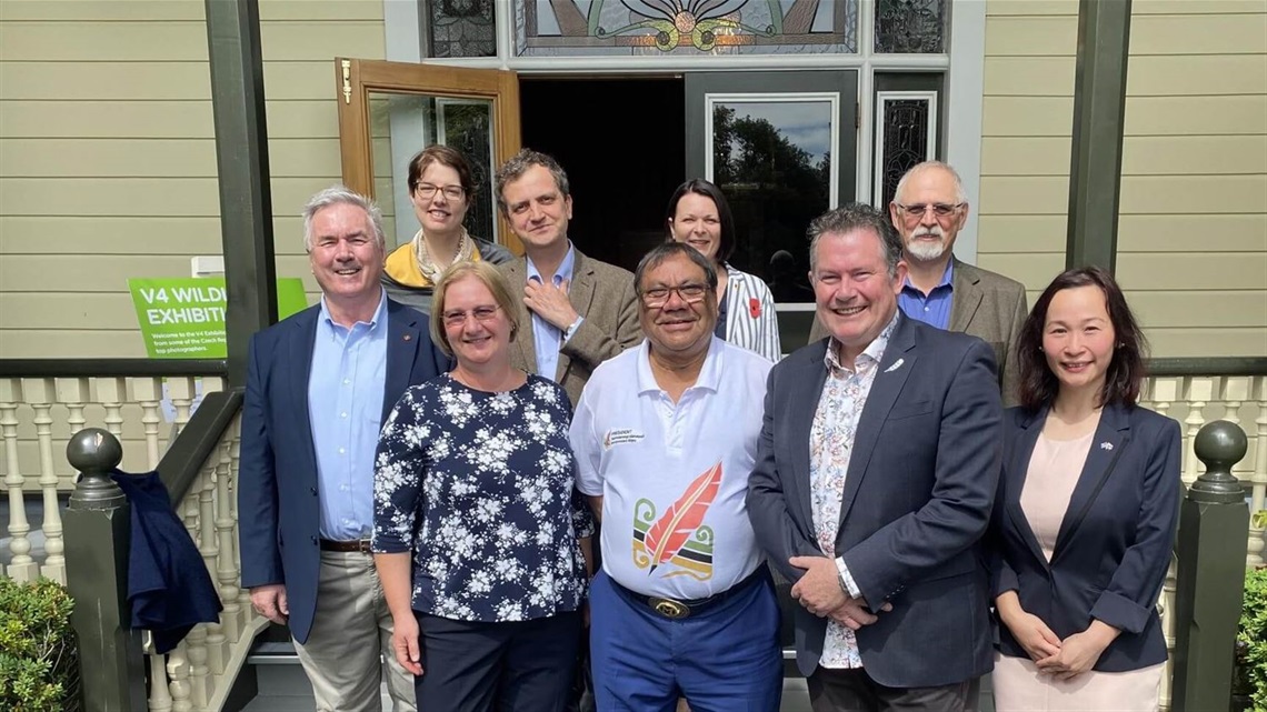 The European ambassadors pose with the Mayor on the steps of Caccia Birch House.