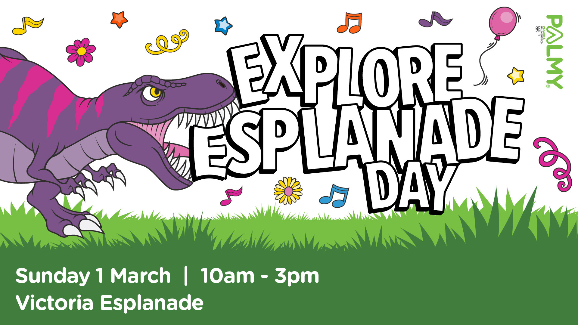 poster of explore esplanade day with a purple dinosaur on it