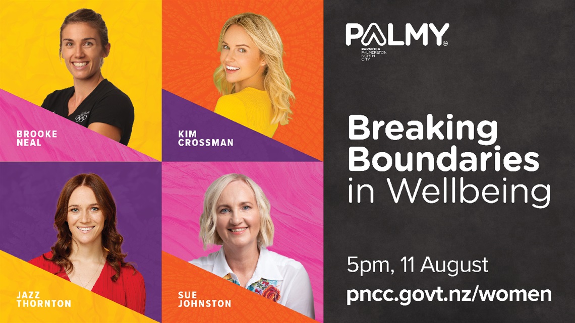 Image shows photos of four female speakers with the title of breaking boundaries in wellbeing