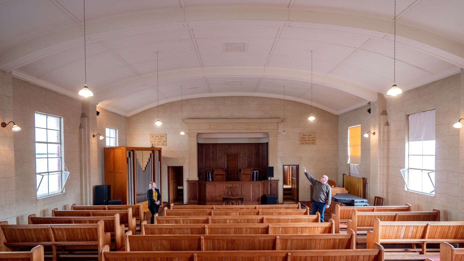 Ben Millar looks up to the newly strengthened arched ceiling.