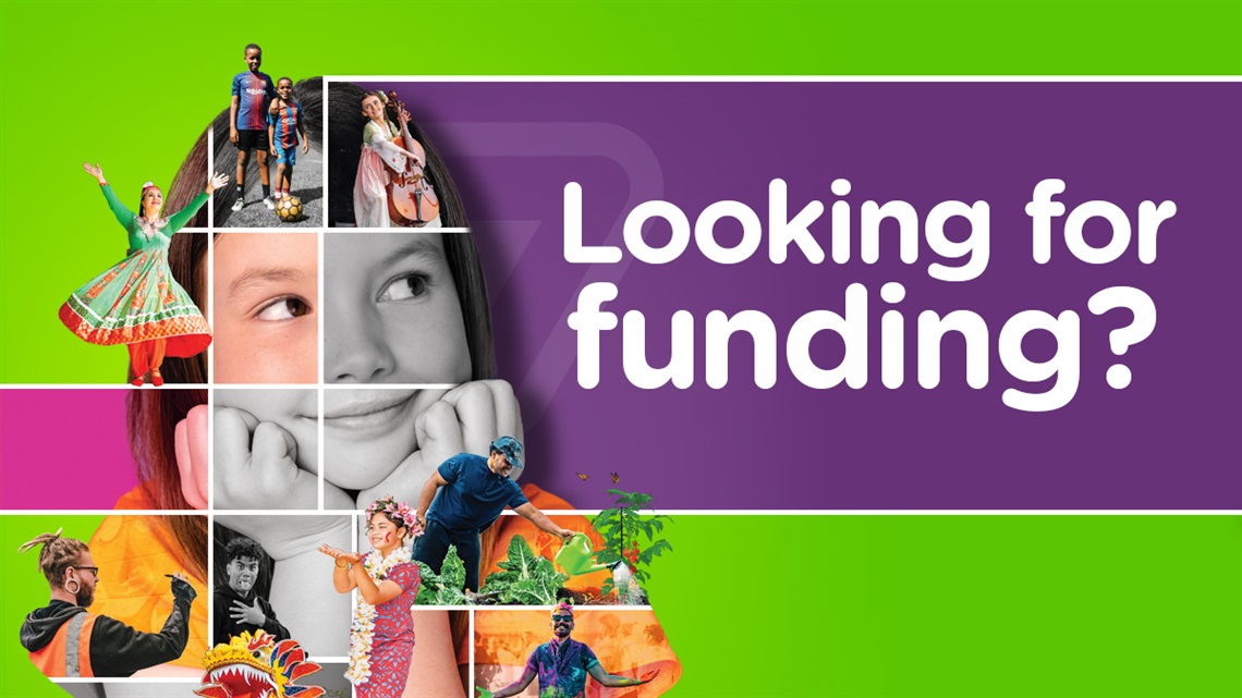 Collage of community events and projects that have been funded by the council, overlaid with text that asks 