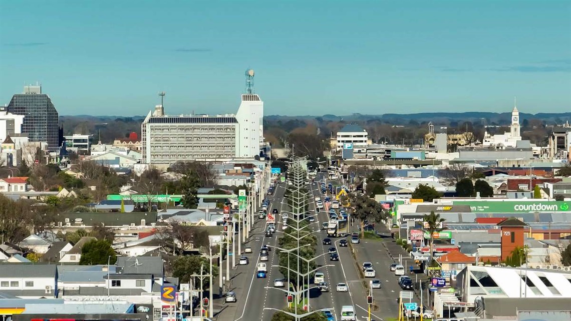Palmerston North's main drag from the air.
