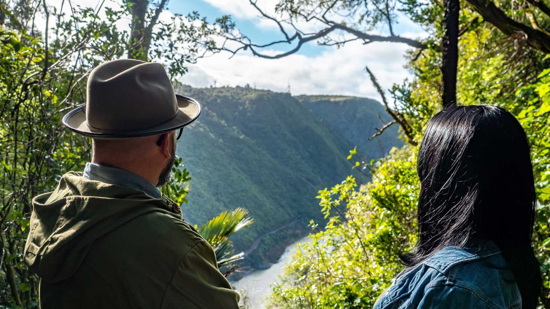 A man and woman man and woman look down at the gorge from the bush.