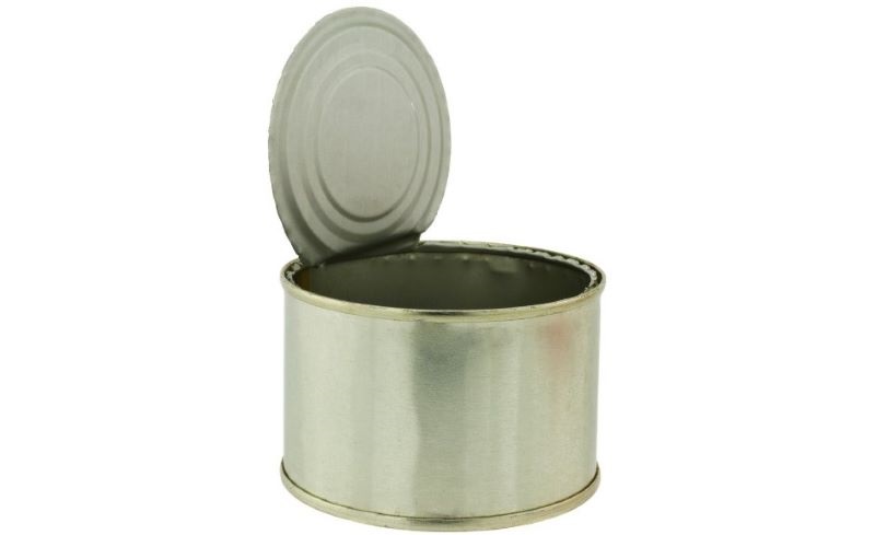 Tin can with a tethered lid.