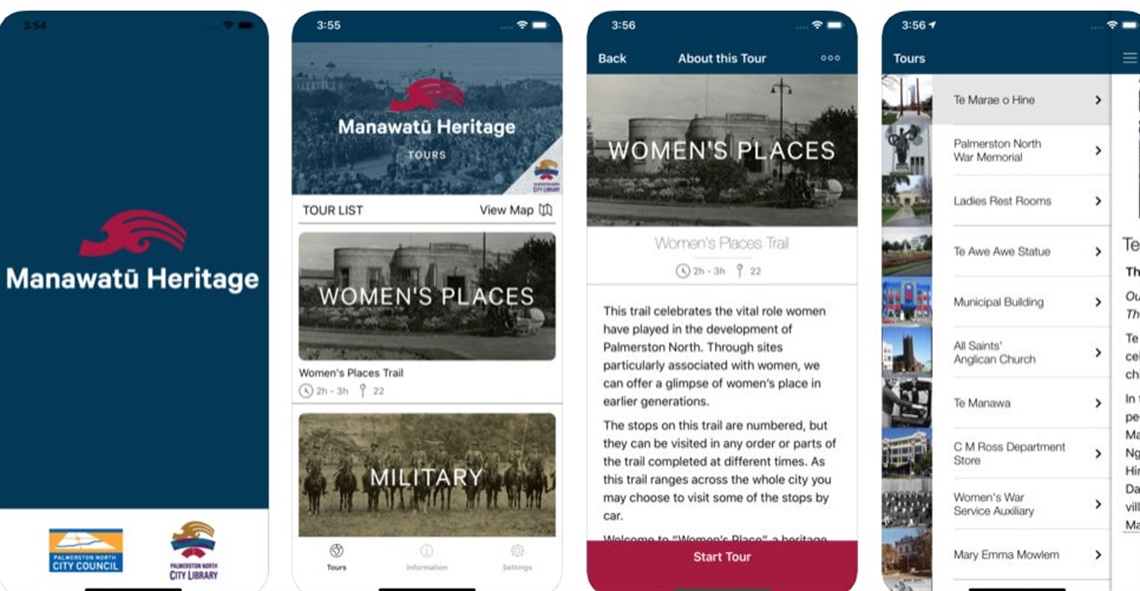Screenshots from new heritage walking tours app.