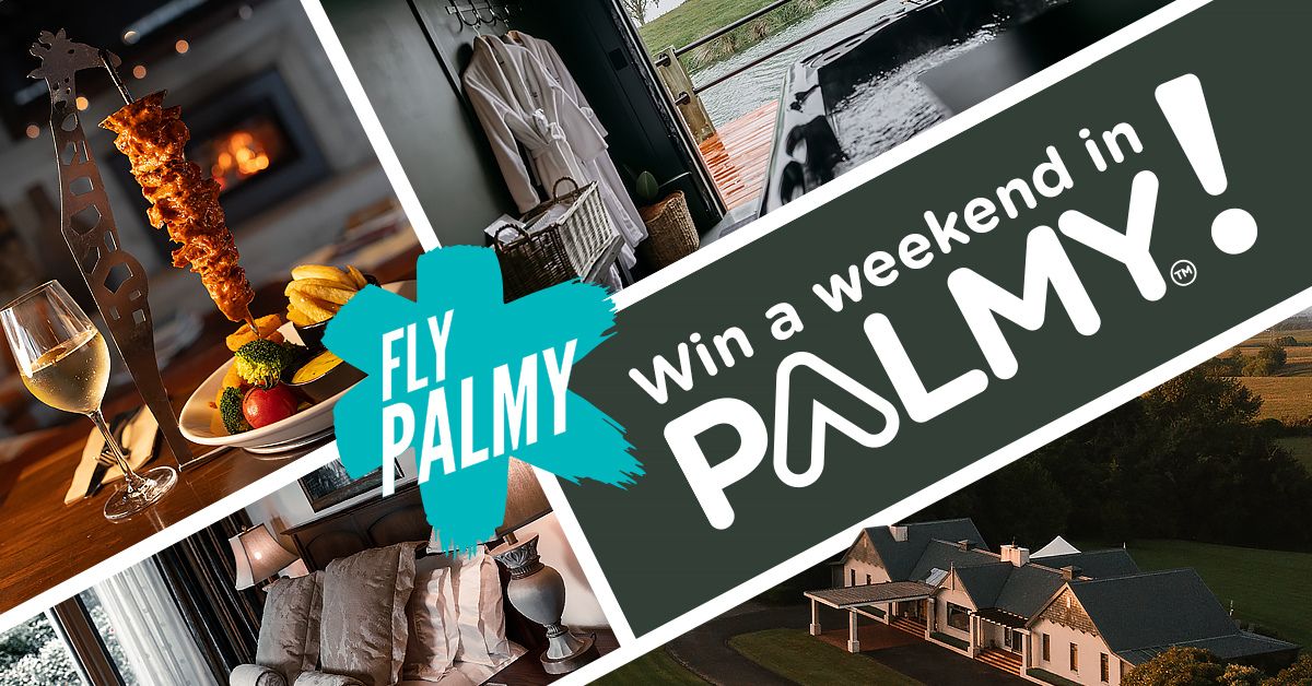 Win a weekend in Palmy promotional graphic showing dining, luxury accommodation, a hot pool and Hiwinui Estate.