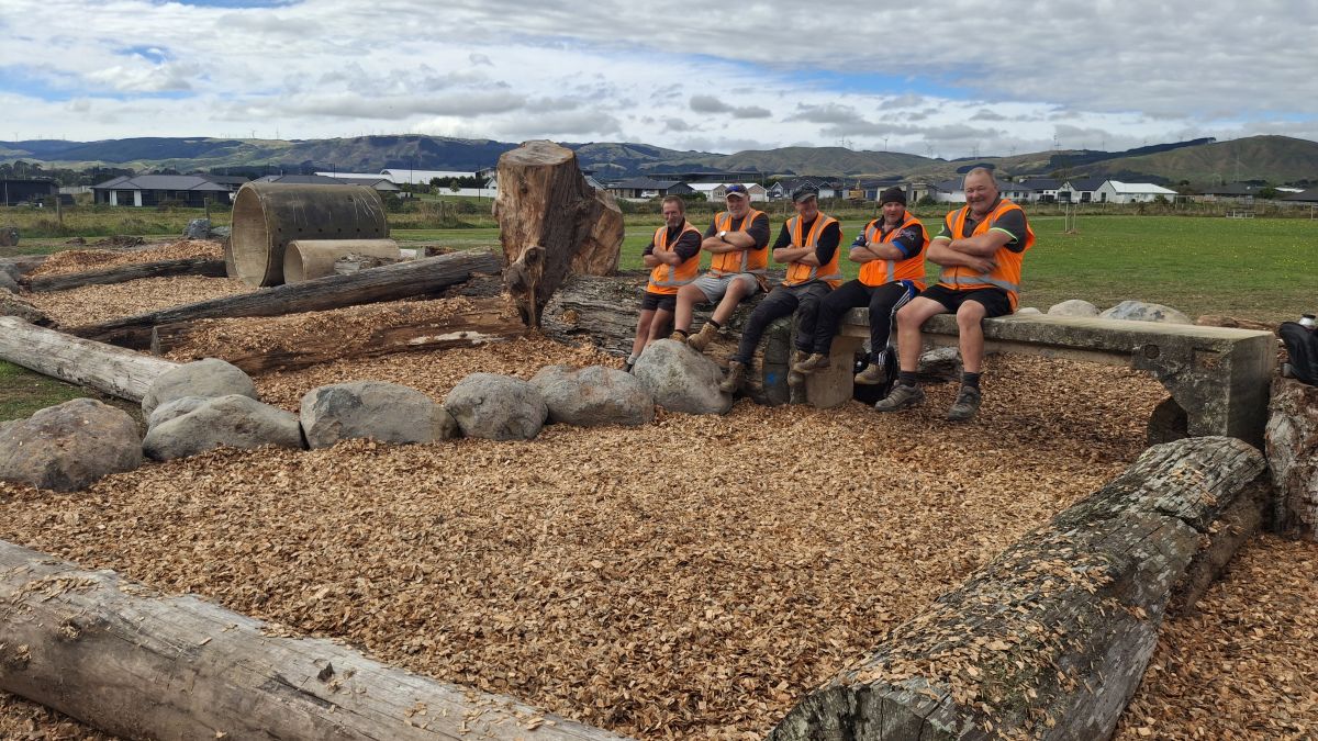 Five workers in orange hi-vis vests sit on a large timber beam in a nature play area, with logs, rocks, and woodchip ground cover, and hills and houses in the background.