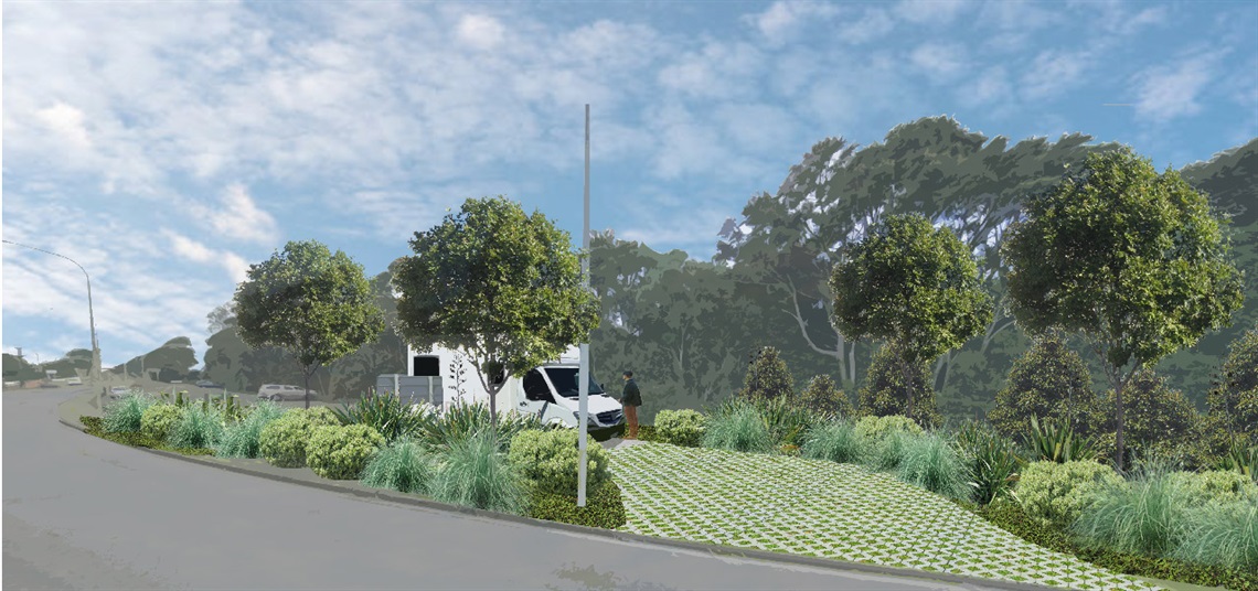 artist's impression of a white camper van parking on pavement by a bush
