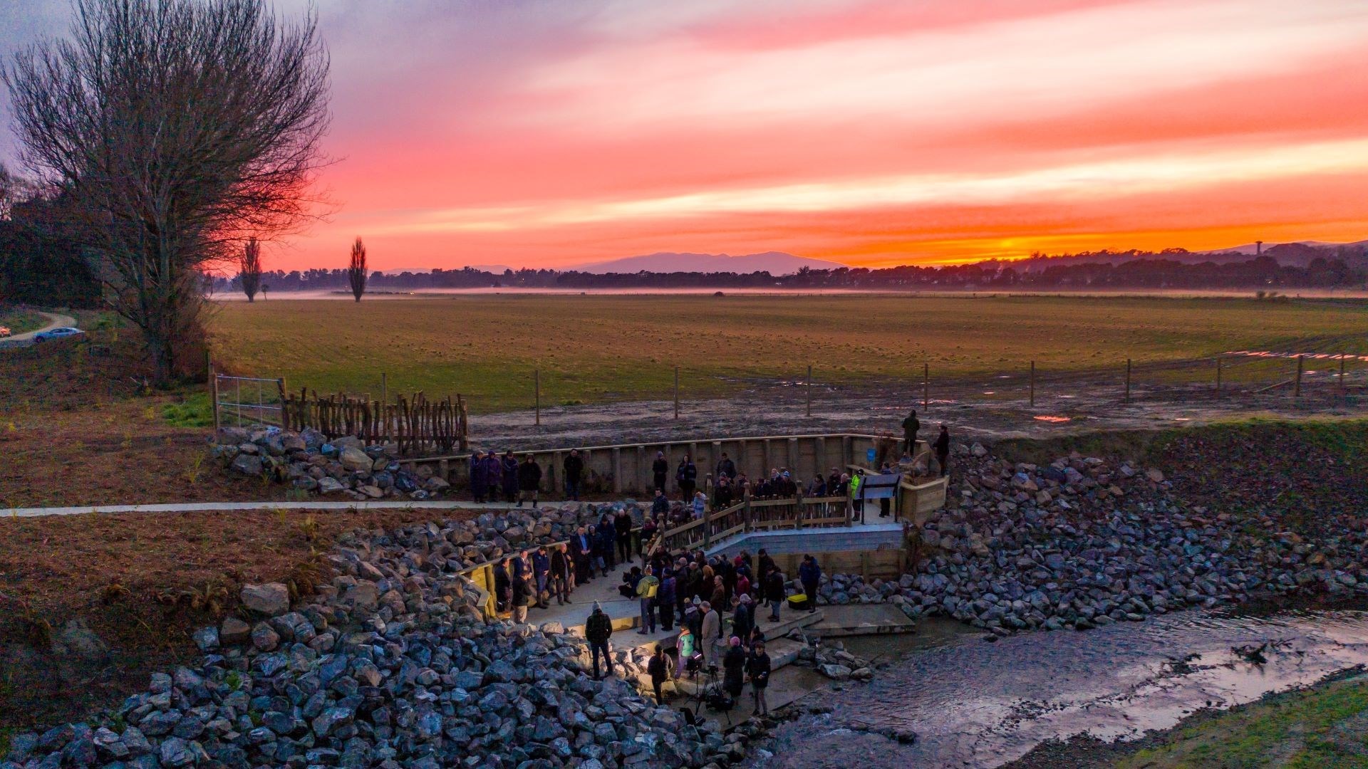 Photo shows people gathered on the banks of the Turitea Stream at sunrise.