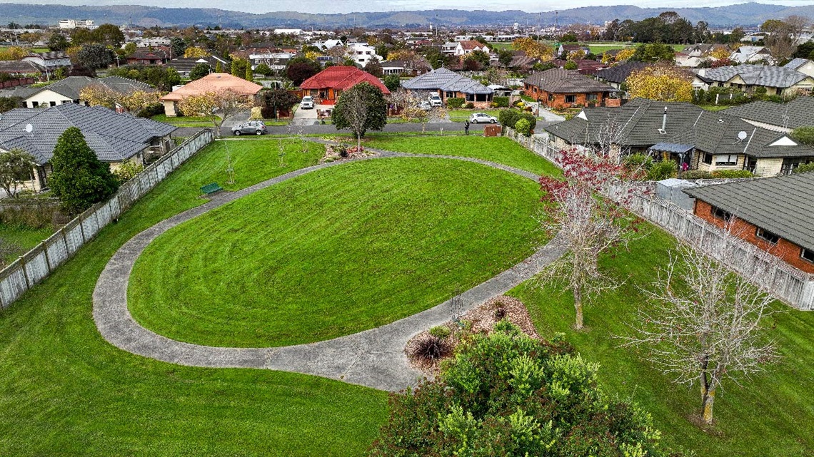 Image shows aerial view of green space among residential buildings.