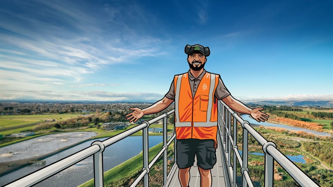 Palmy's wastewater treatment ponds overlaid with an illustration of a wastewater engineer in hi vis.