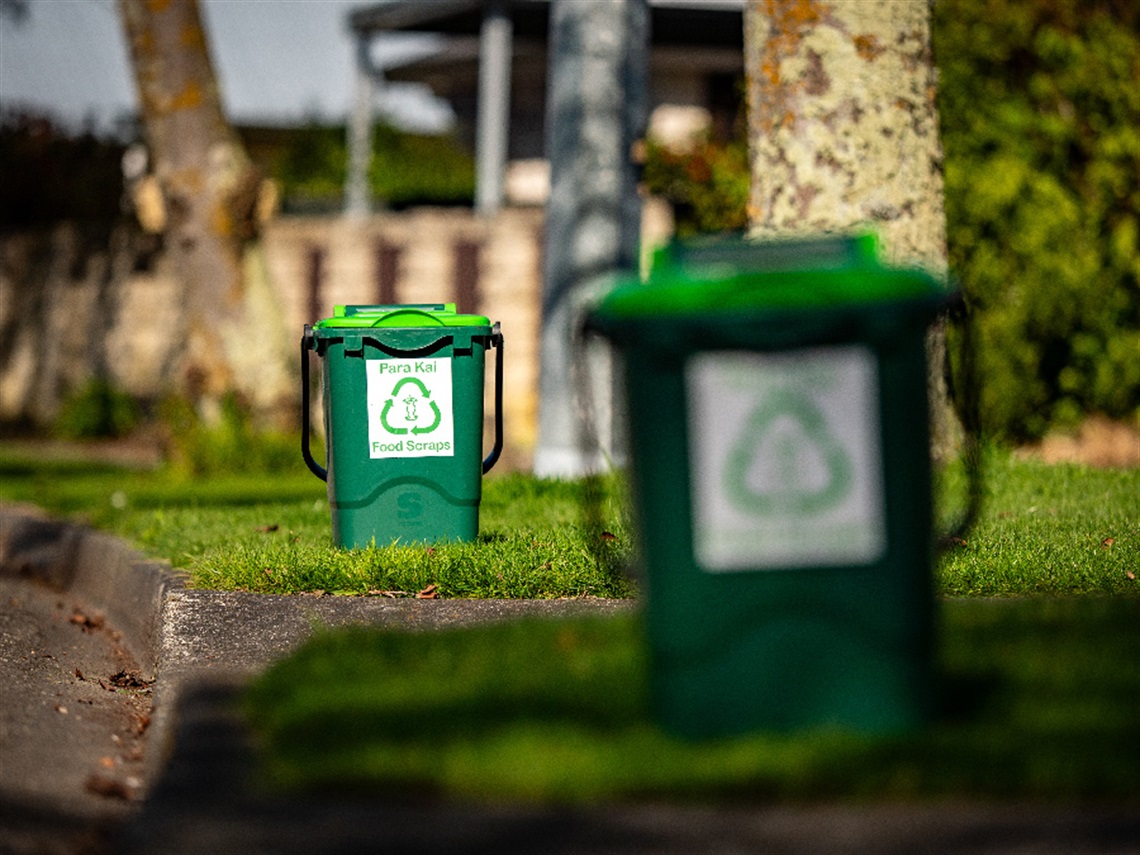Two green bins for food waste out at the kerb for collection.