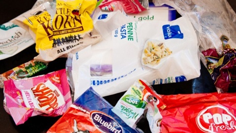 Collage of plastic bags including chippie, popcorn and pasta packets.