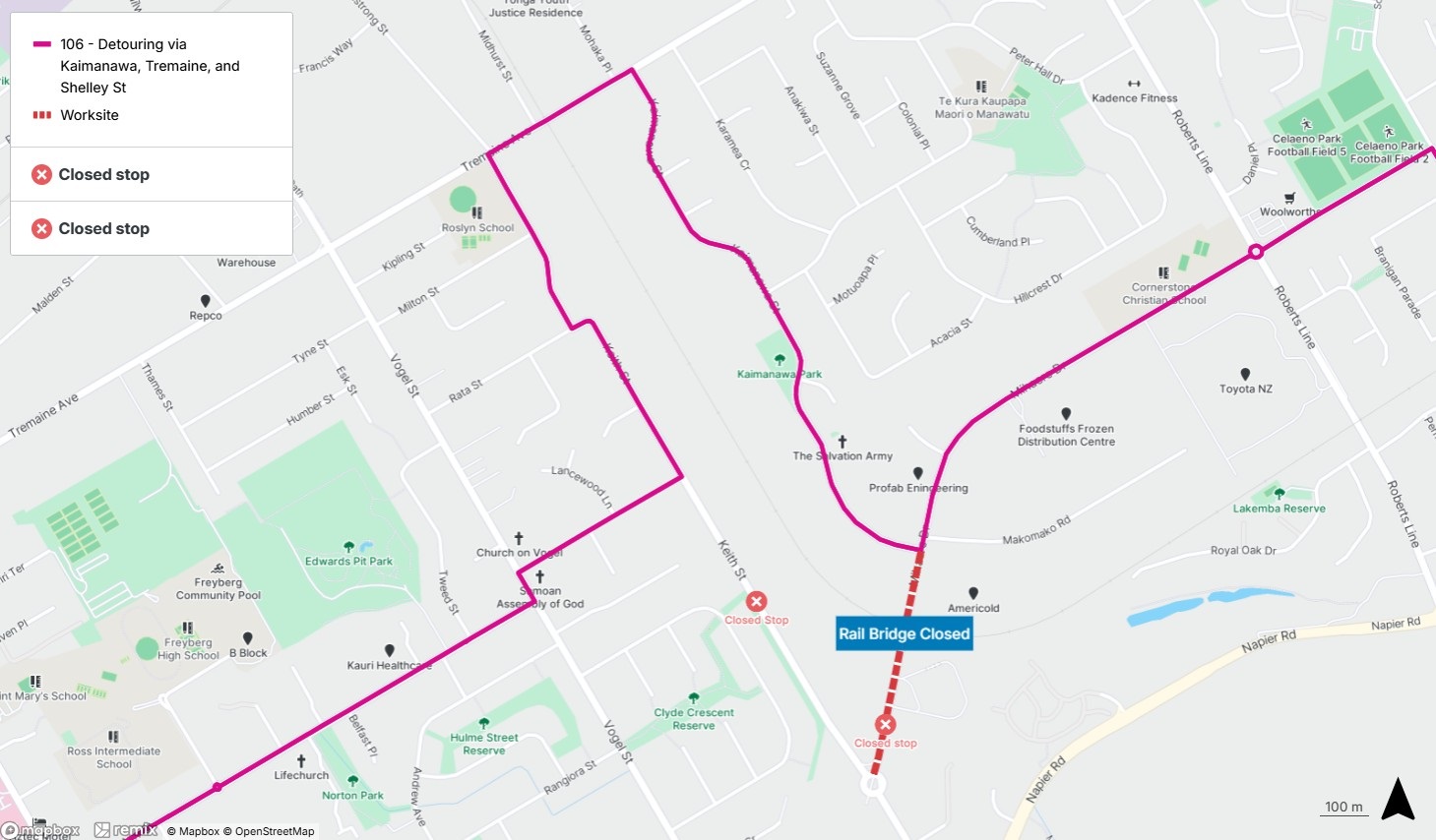 map indicates the bus detour for mihaere drive project