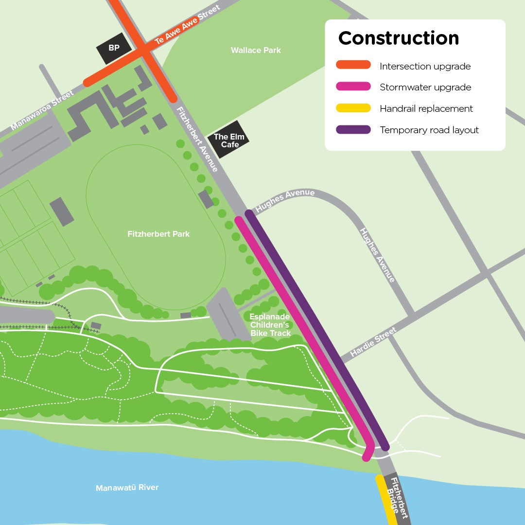 Map indicates the construction and temporary road layout on Fitzherbert Avenue