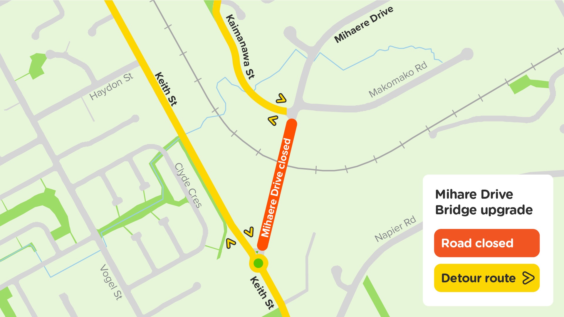 Map indicates the road closure plan for Mihaere Drive